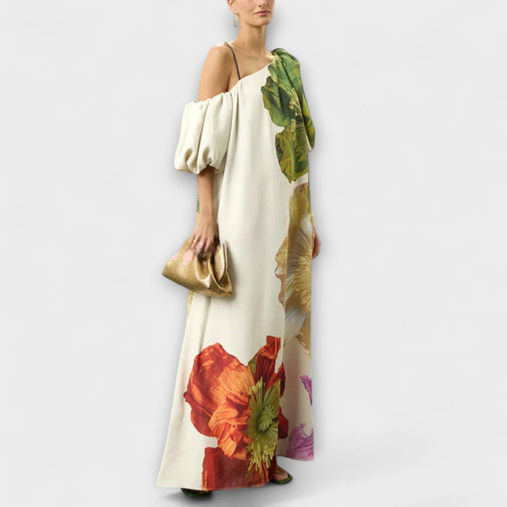 Maxi Dress with Floral Print, Asymmetrical Neckline, and Puff Sleeves