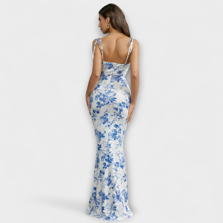 Floral Print Prom Dress with Tied Shoulder Straps