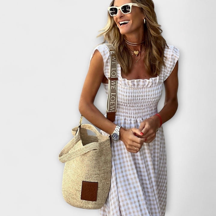 Kostkované maxi šaty s volánovými rukávy