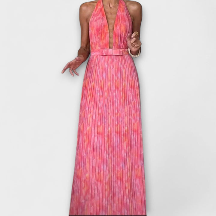 Chic Halter Neck V-Neck Pleated Maxi Dress