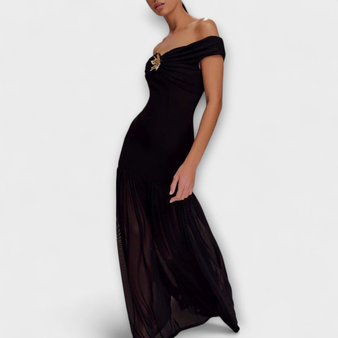 Robe longue moulante élégante sans bretelles avec ornements floraux