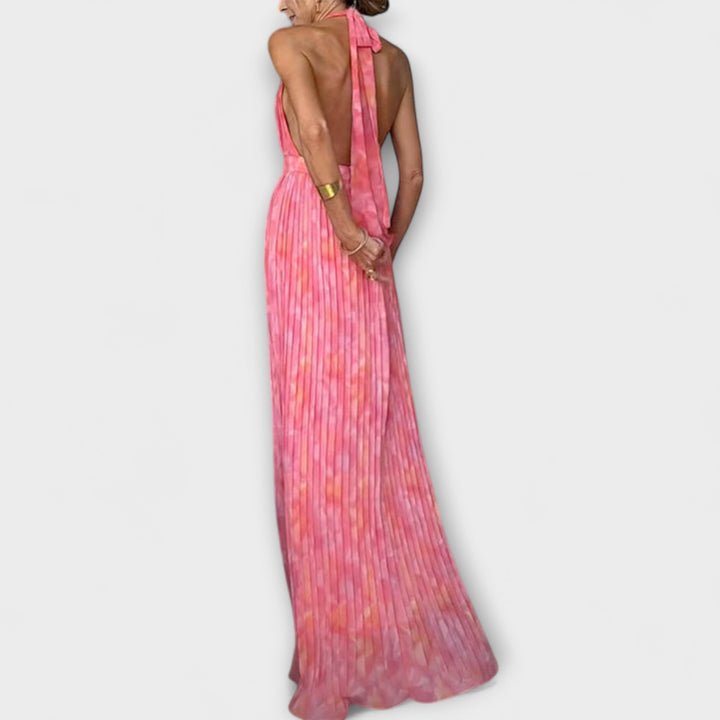 Chic Halter Neck V-Neck Pleated Maxi Dress
