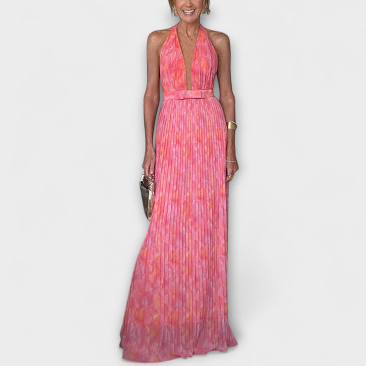 Chic Halter Neck V-Neck Pleated Maxi Dress