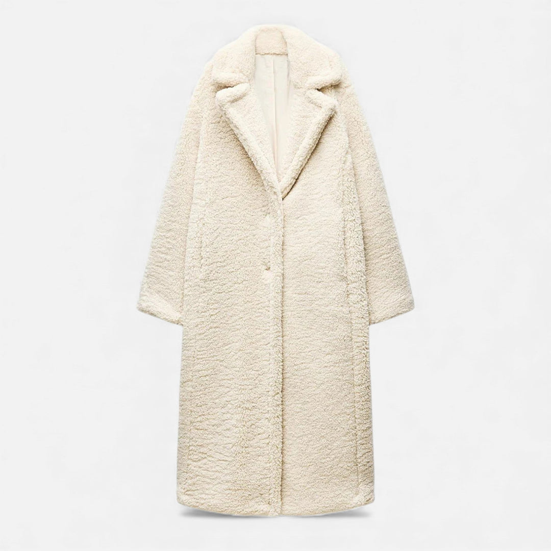 Dámský dlouhý kabát s dvojitým řaděním knoflíků z plyšového materiálu