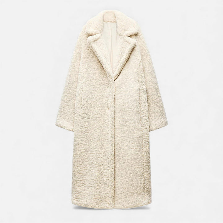 Dámský dlouhý kabát s dvojitým řaděním knoflíků z plyšového materiálu