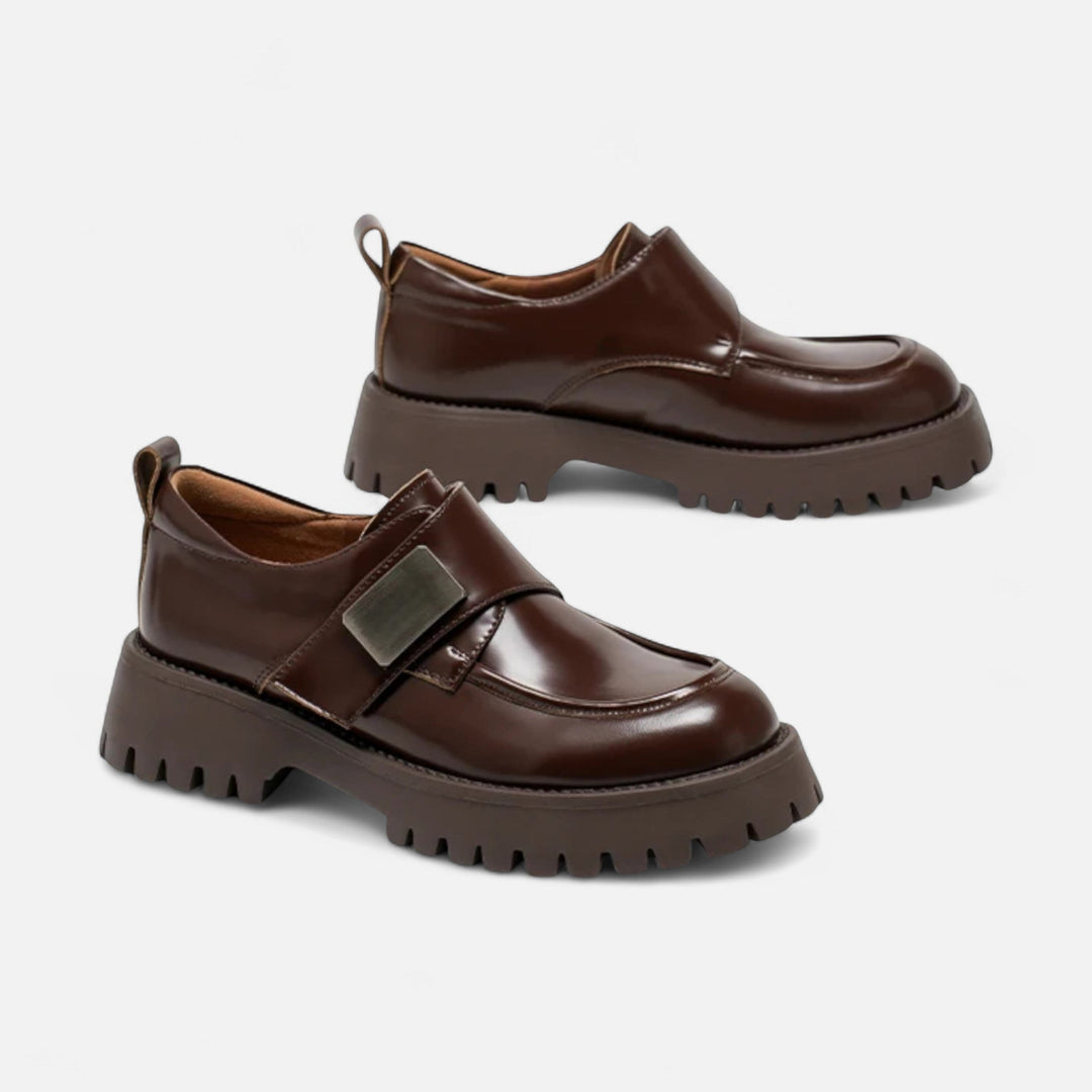 Women’s Leather Derby Shoes – Round Toe Buckle Flats