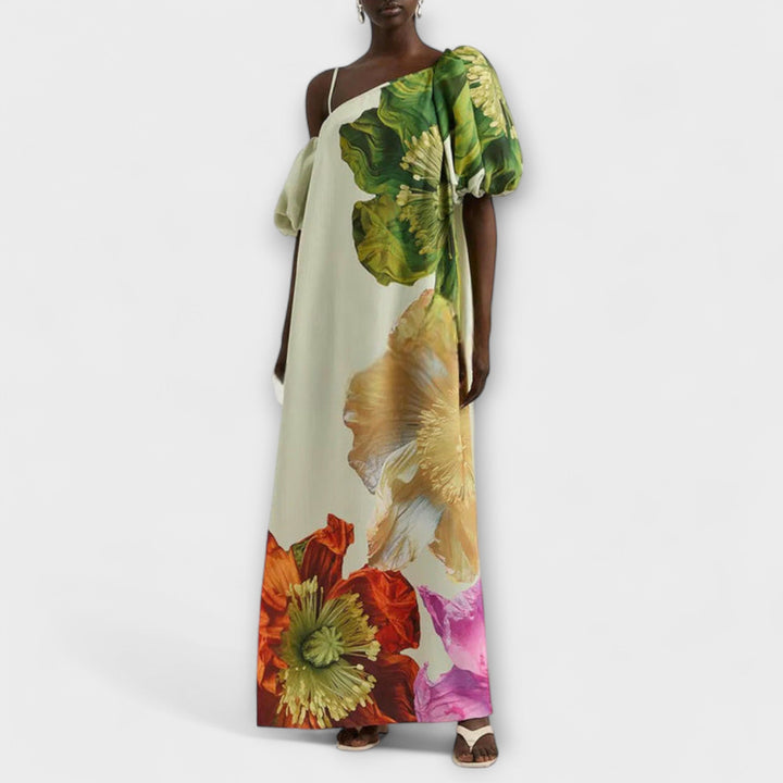 Maxi Dress with Floral Print, Asymmetrical Neckline, and Puff Sleeves