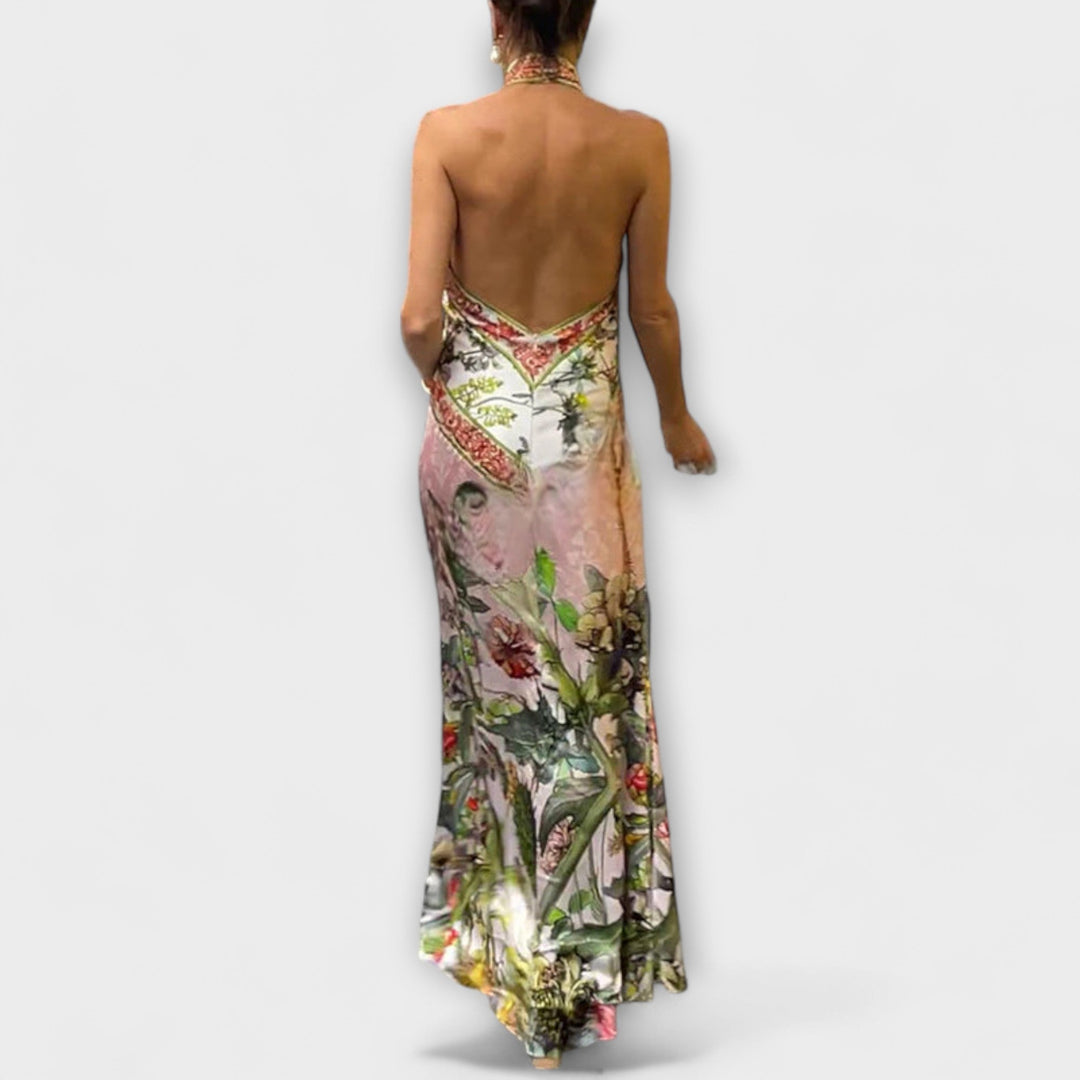 Floral Pattern Sleeveless Open Back Maxi Dress