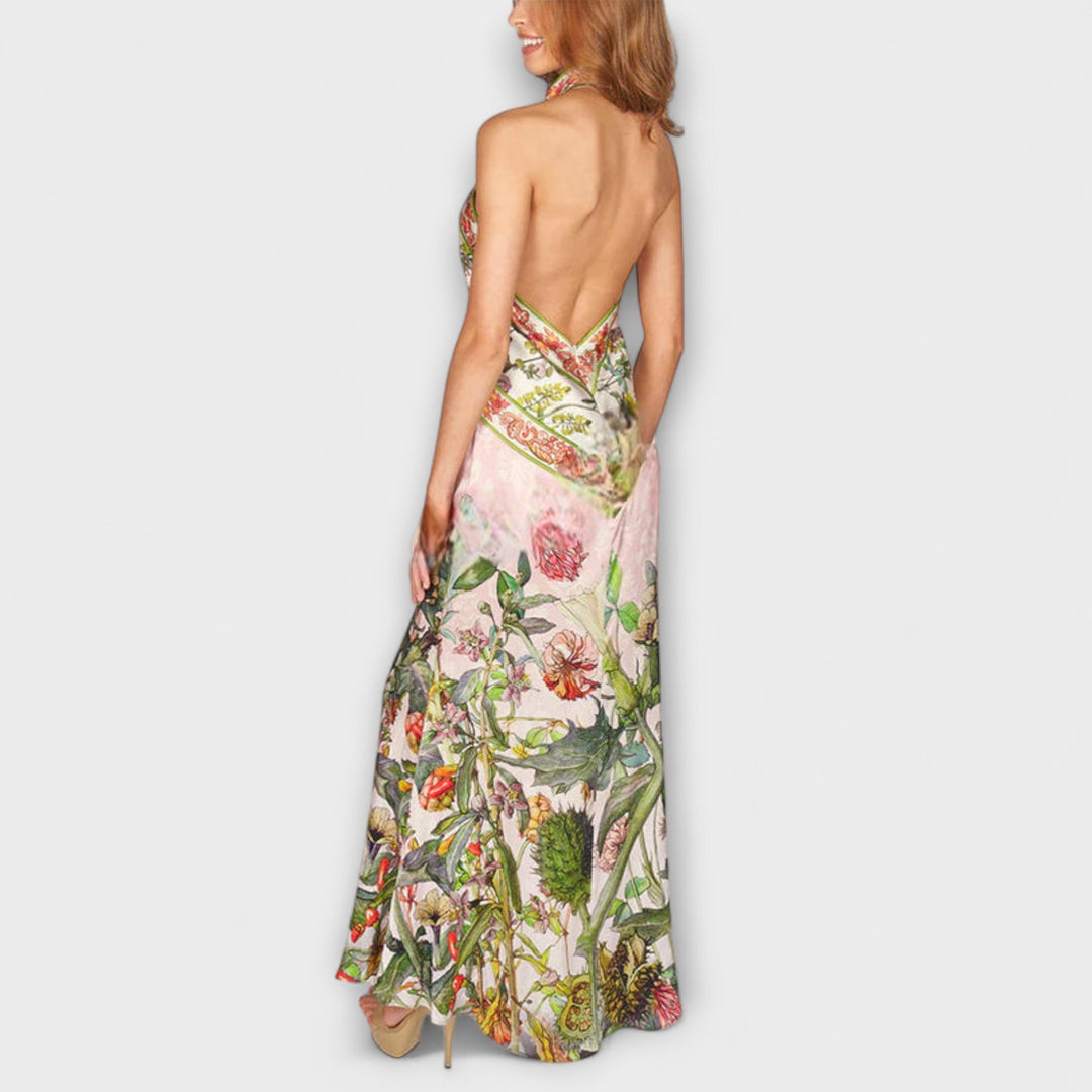Floral Pattern Sleeveless Open Back Maxi Dress