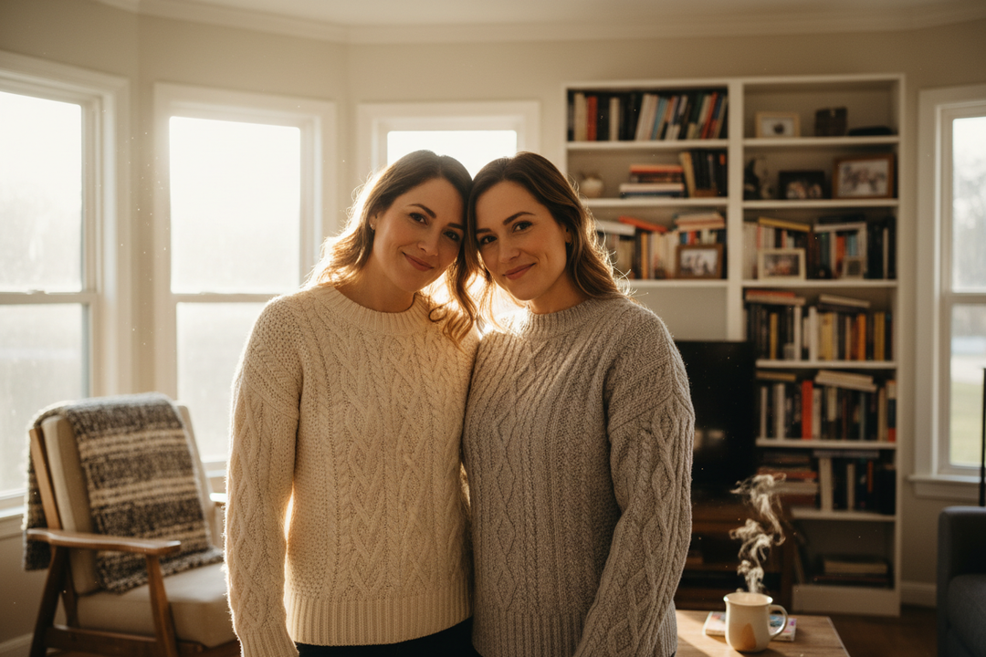 2 women wearing sweaters and looking into camera slighty laughing inside a room