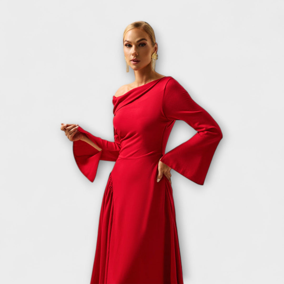 Off-Shoulder Midi Dress with Gathered Balloon Sleeves
