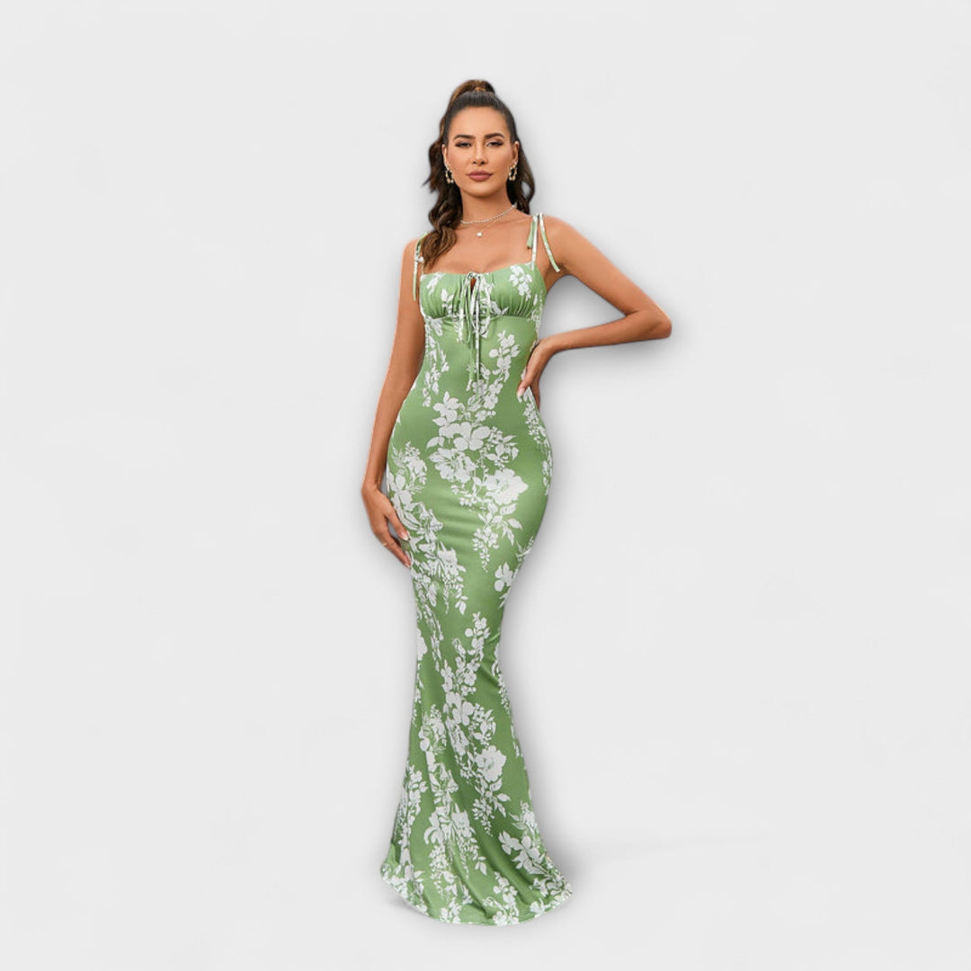 Floral Print Prom Dress with Tied Shoulder Straps