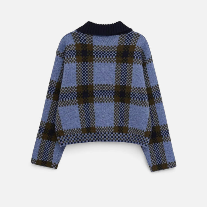 Damska kraciasta dzianinowa kurtka na zamek z kołnierzem z klapą