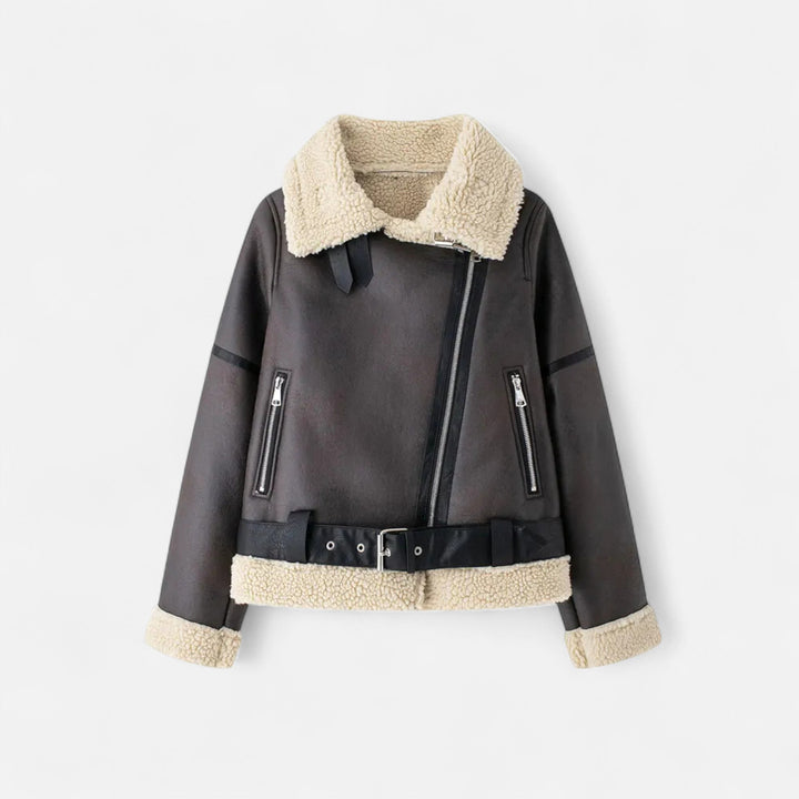 Dámská podzimní kožená bunda s páskem