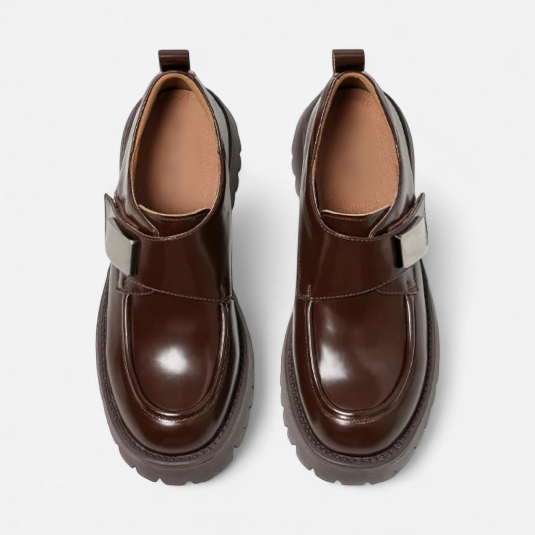 Women’s Leather Derby Shoes – Round Toe Buckle Flats