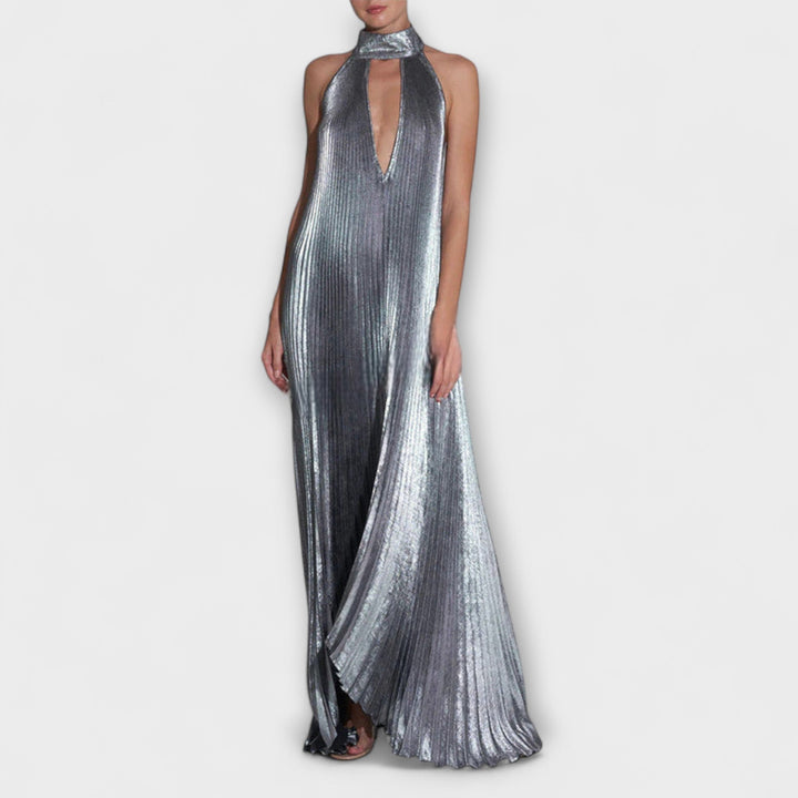 Metallic Pleated A-Line Maxi Dress