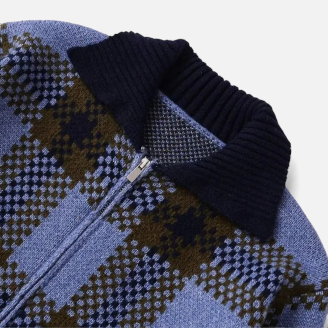Damska kraciasta dzianinowa kurtka na zamek z kołnierzem z klapą