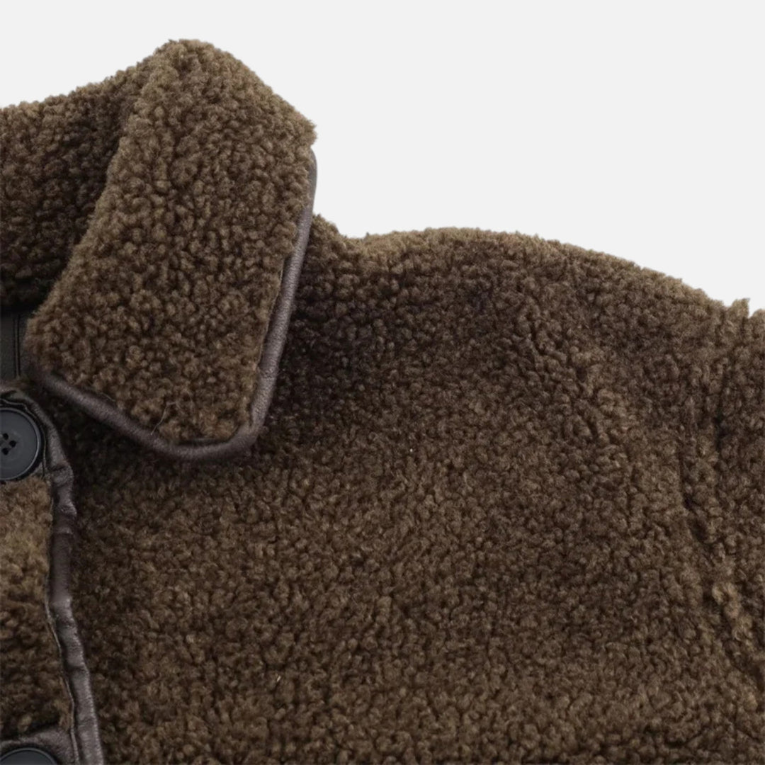 Dámská oboustranná hnědá plyšová bunda s klopovým límcem