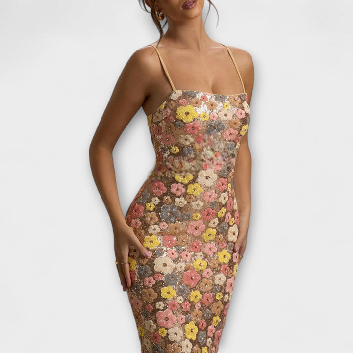 Maxi Dress with Floral Sequins in 80s Style