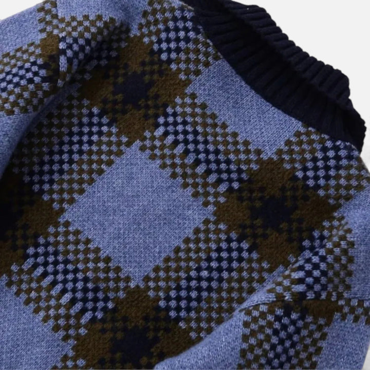 Damska kraciasta dzianinowa kurtka na zamek z kołnierzem z klapą