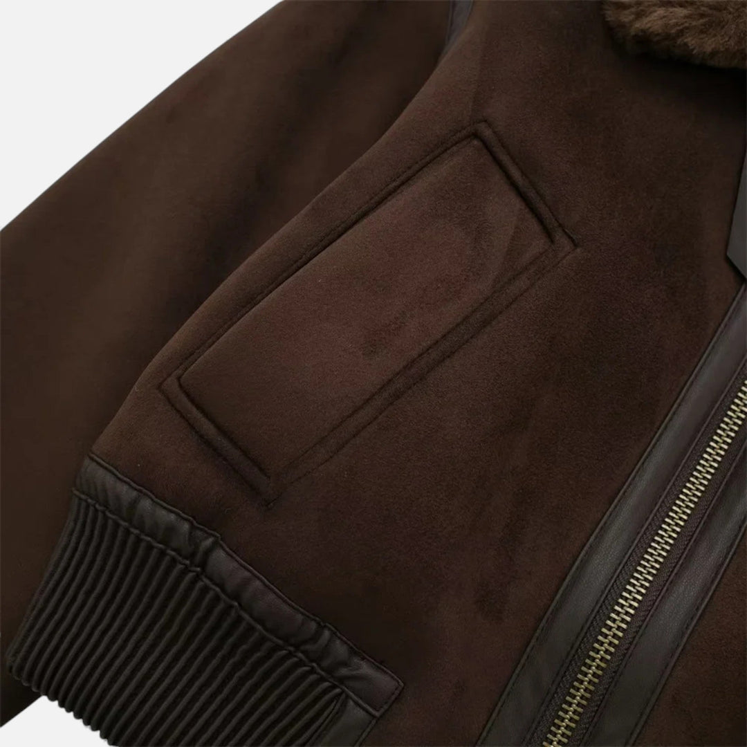 Damska brązowa kurtka pilotka z luksusowym sztucznym futerkiem