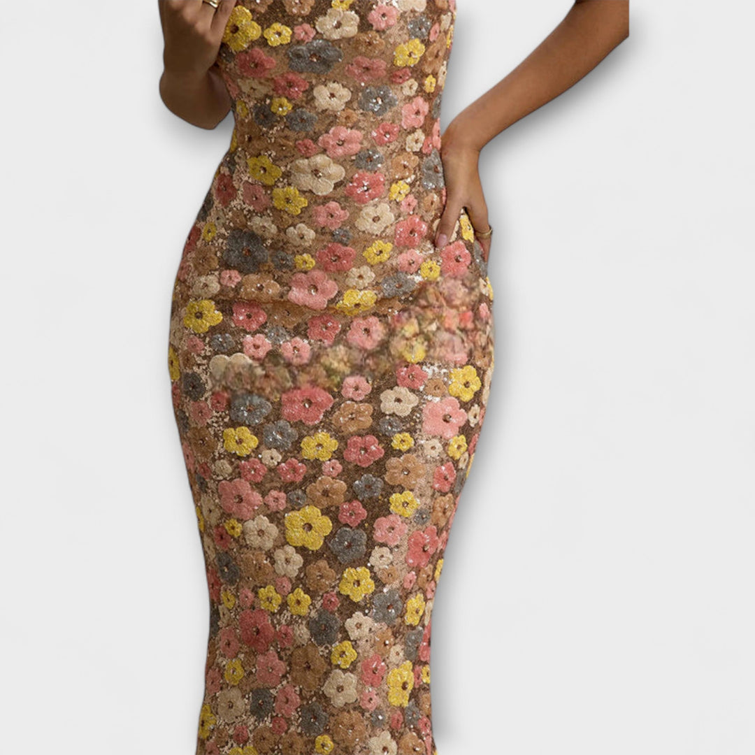 Maxi Dress with Floral Sequins in 80s Style