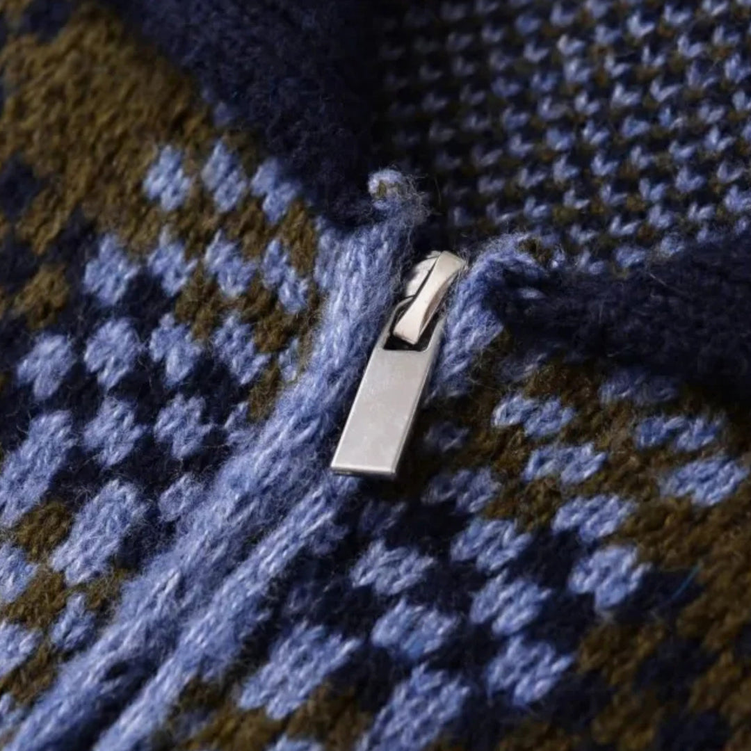 Damska kraciasta dzianinowa kurtka na zamek z kołnierzem z klapą