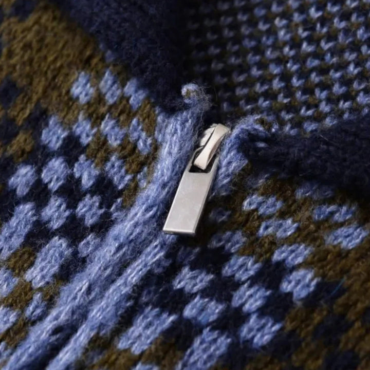 Damska kraciasta dzianinowa kurtka na zamek z kołnierzem z klapą