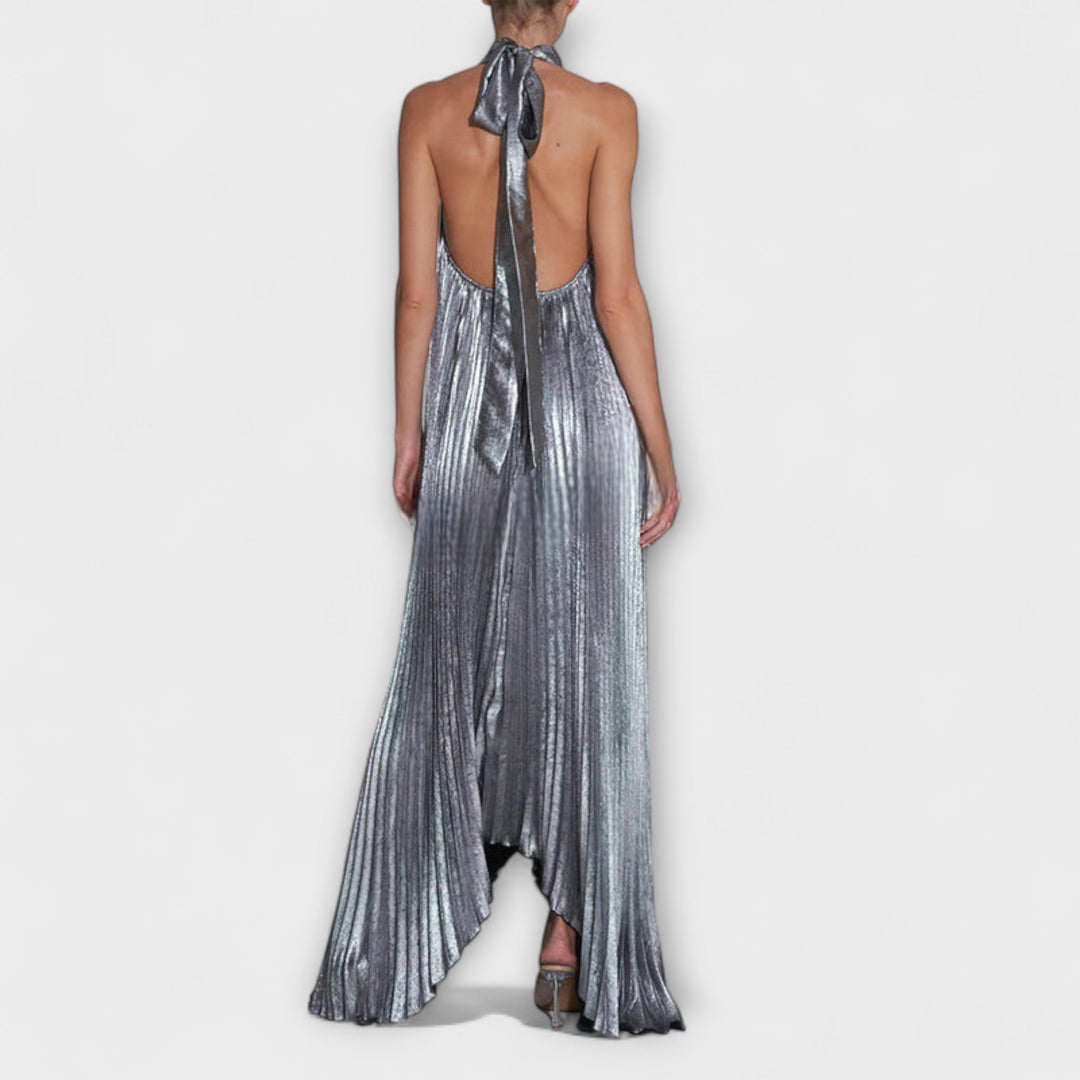 Metallic Pleated A-Line Maxi Dress