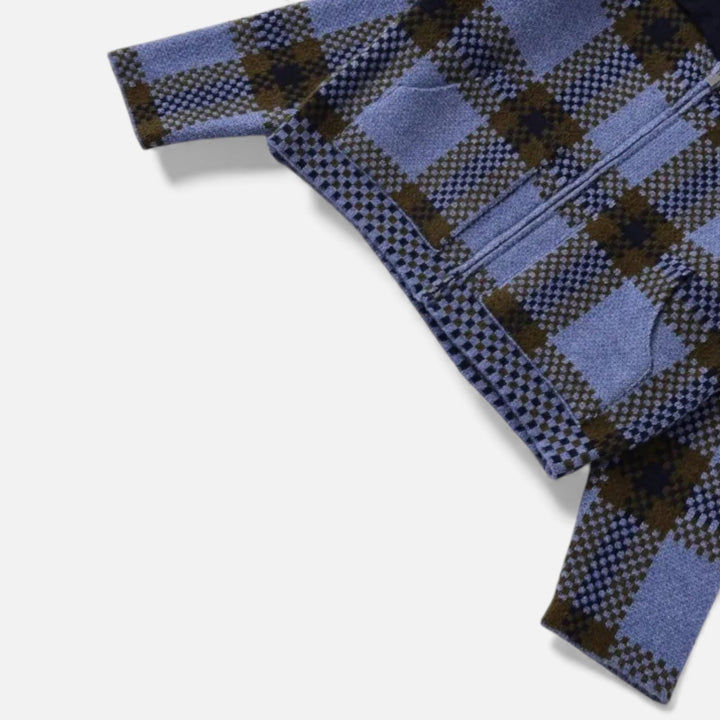 Damska kraciasta dzianinowa kurtka na zamek z kołnierzem z klapą