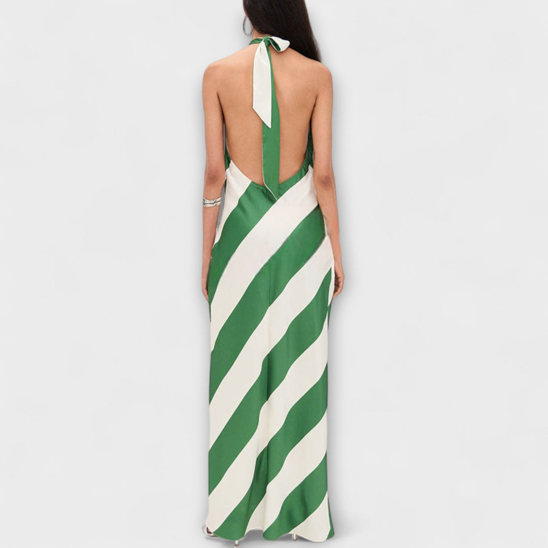 Striped Pattern Halter Backless Maxi Dress