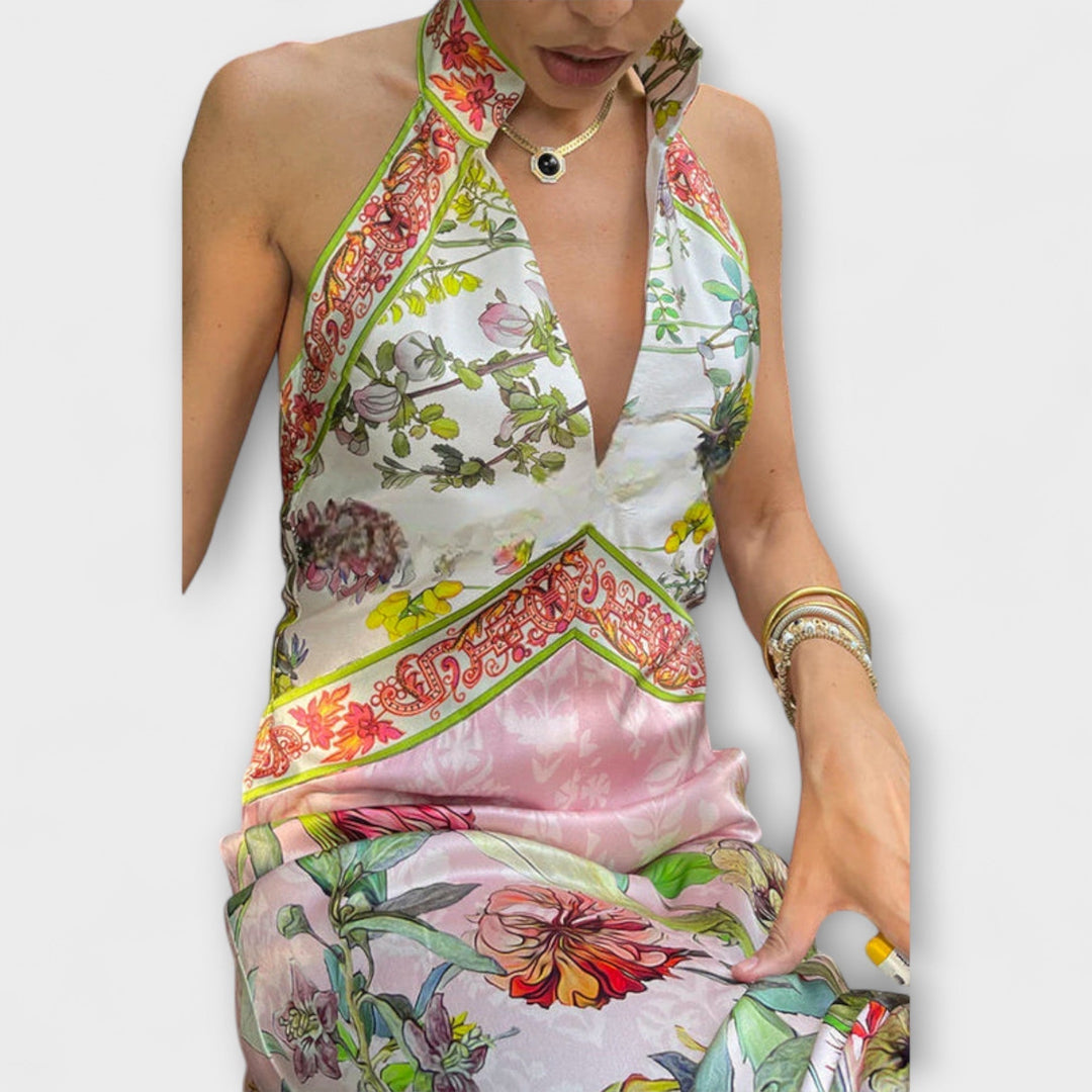 Floral Pattern Sleeveless Open Back Maxi Dress