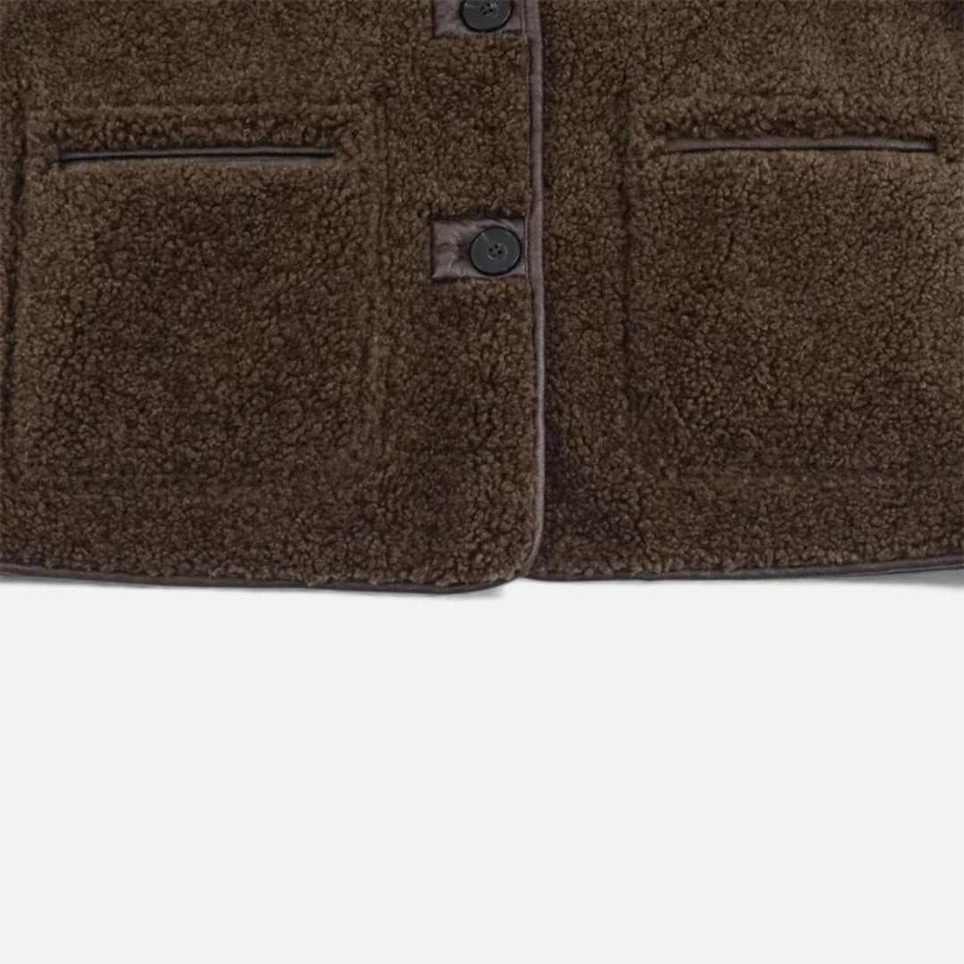 Dámská oboustranná hnědá plyšová bunda s klopovým límcem