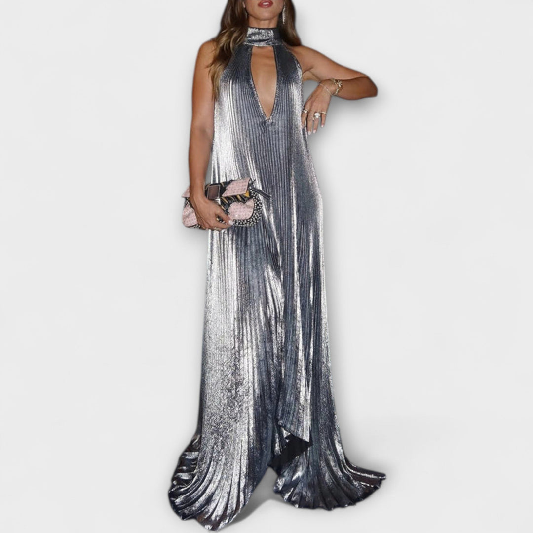 Metallic Pleated A-Line Maxi Dress