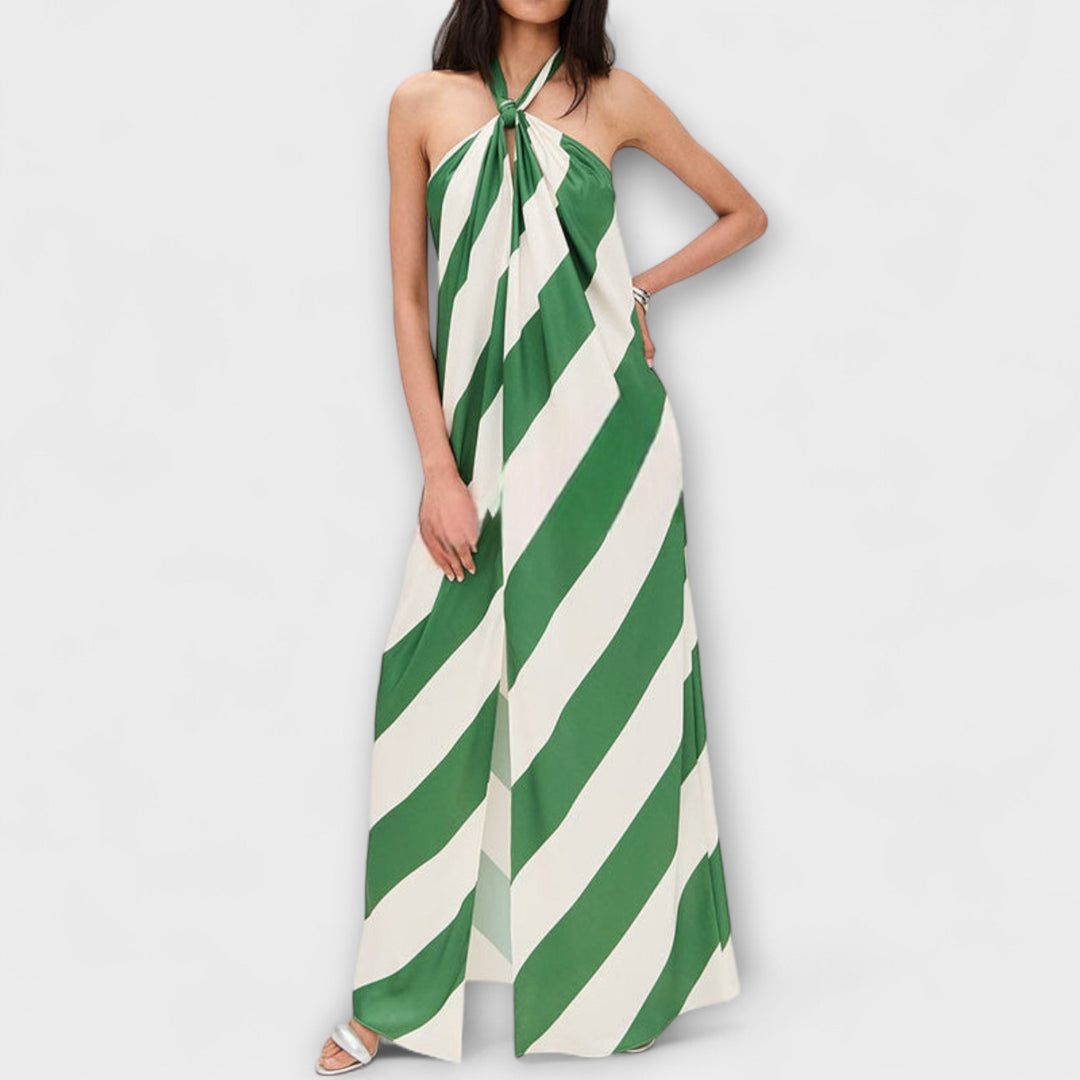 Striped Pattern Halter Backless Maxi Dress