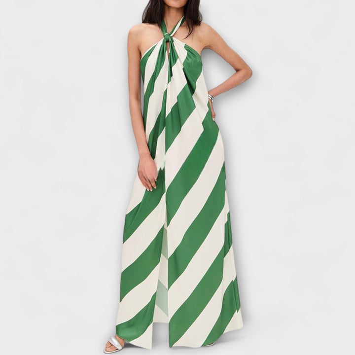Striped Pattern Halter Backless Maxi Dress