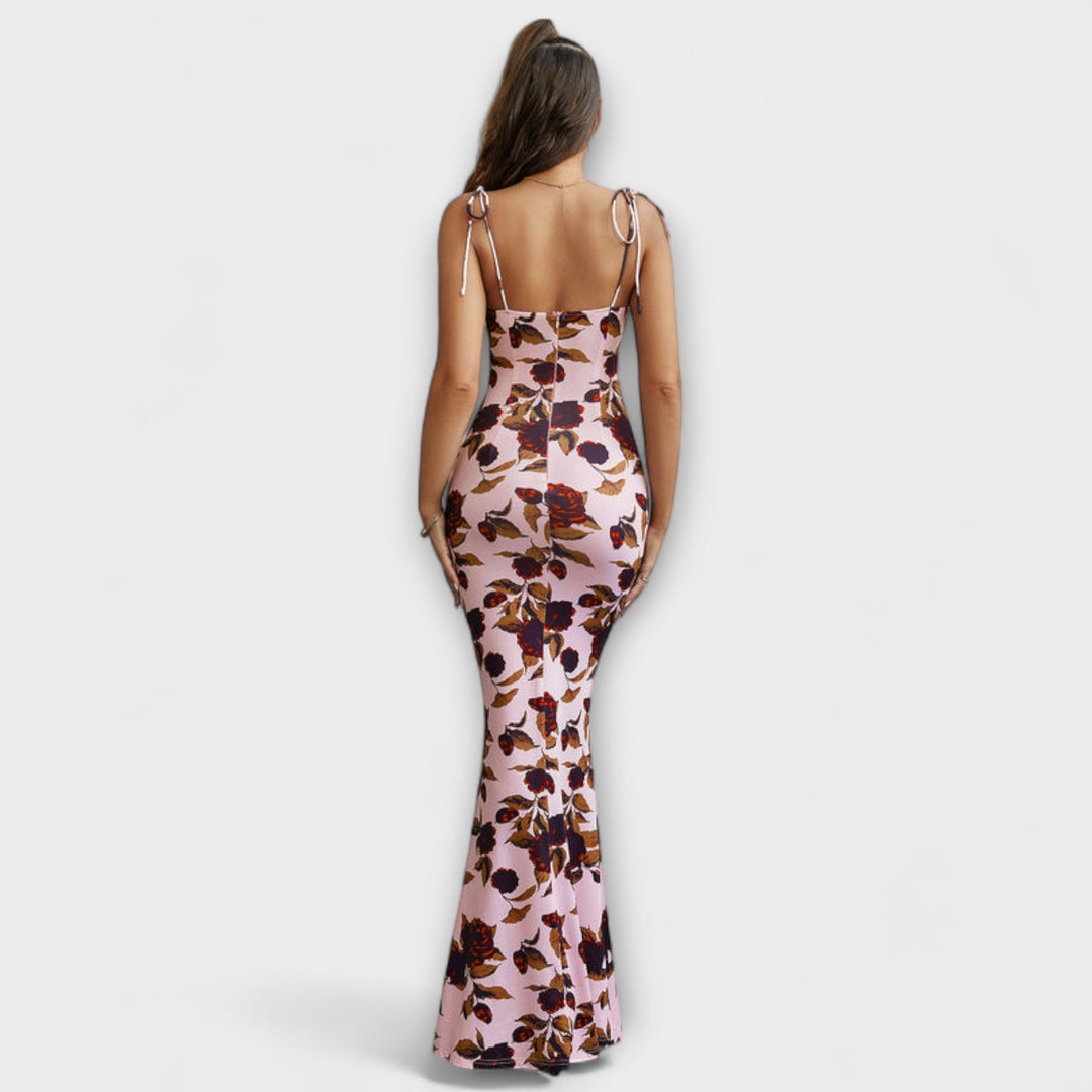 Floral Print Prom Dress with Tied Shoulder Straps