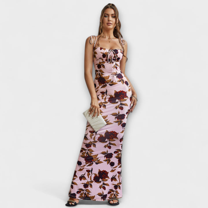 Floral Print Prom Dress with Tied Shoulder Straps
