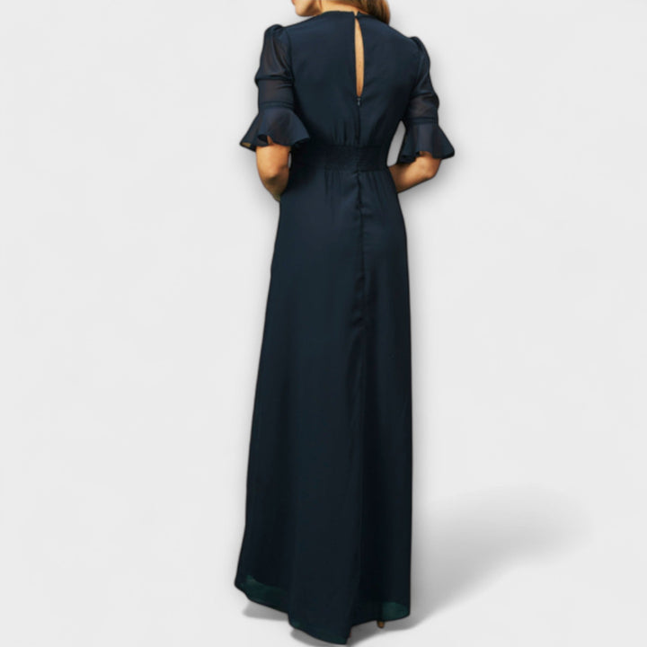 Elegant Navy Blue Dress with Floral Embroidery