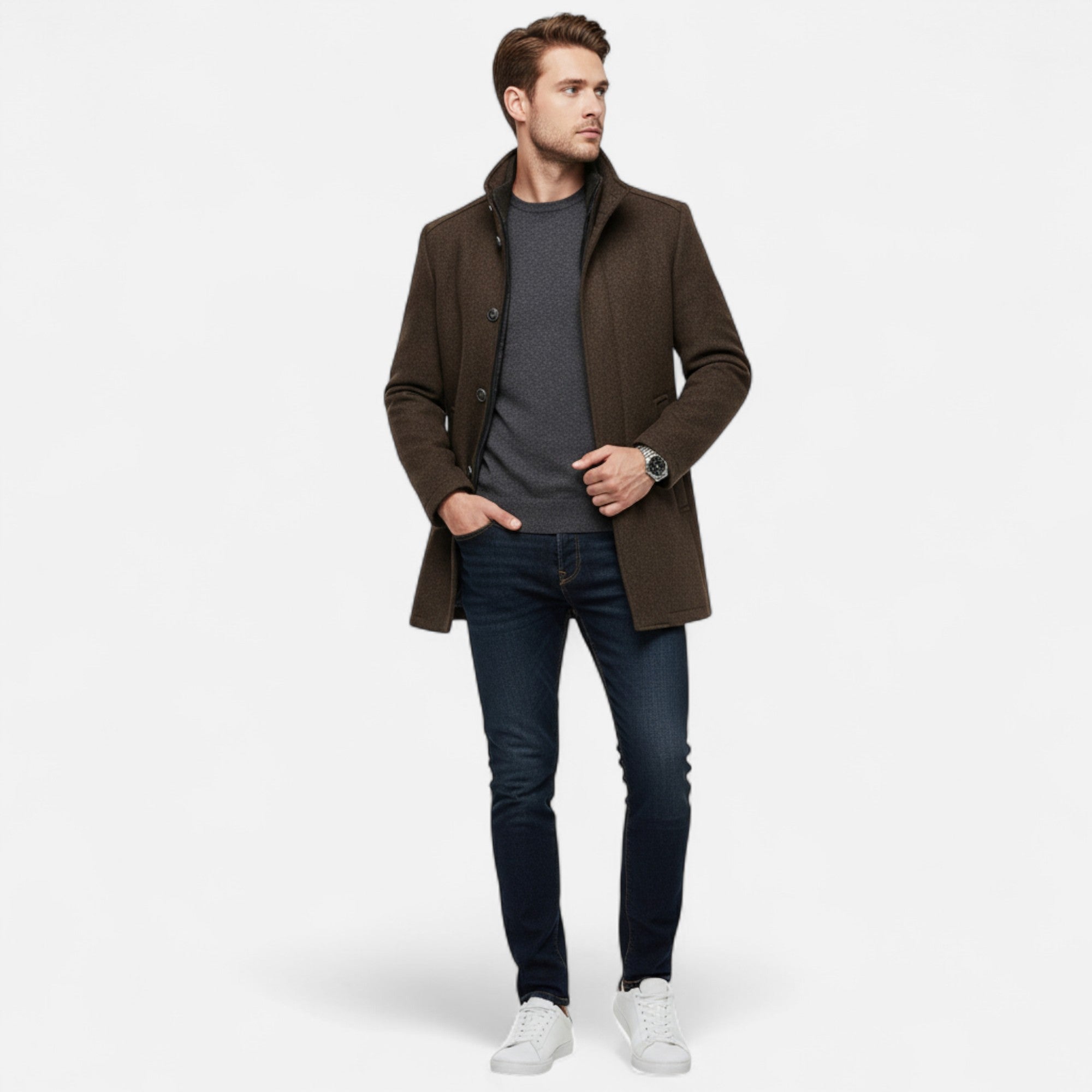 Maison Vaison | Men’s Long Wool Overcoat with Vest Panel
