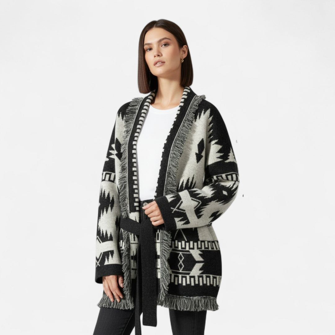 Women’s 100% Cashmere Tassel Cardigan – Vintage Jacquard Elegance
