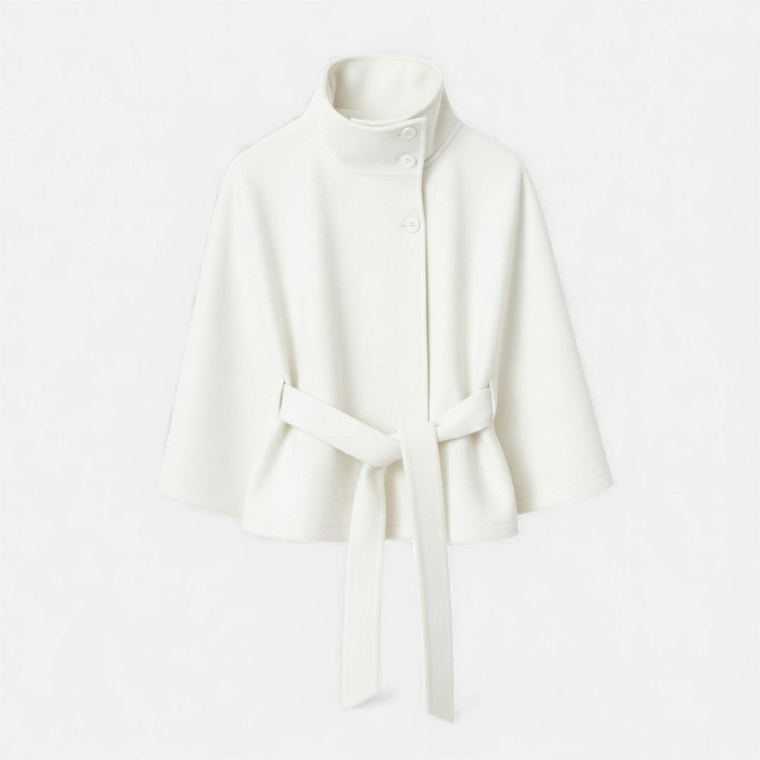 Maison Vaison | Damski krótki płaszcz pelerynowy z paskiem