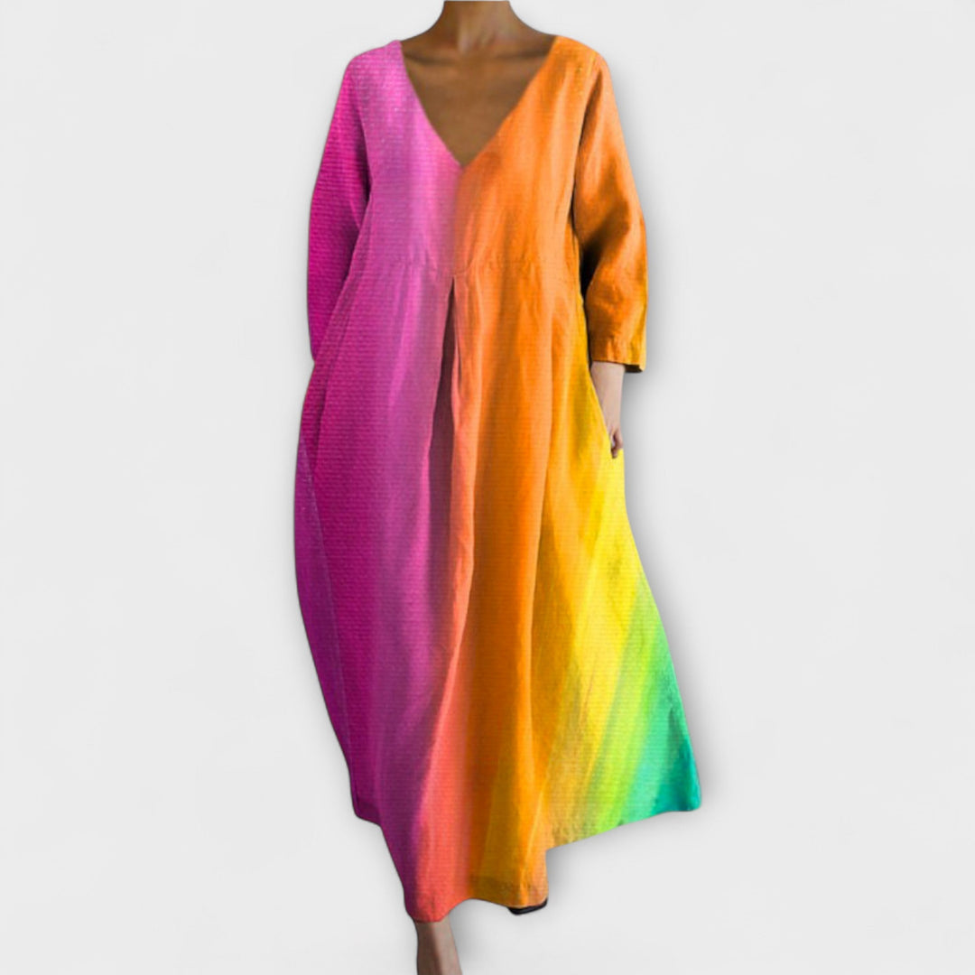 Long, Colorful Dress with V-Neck