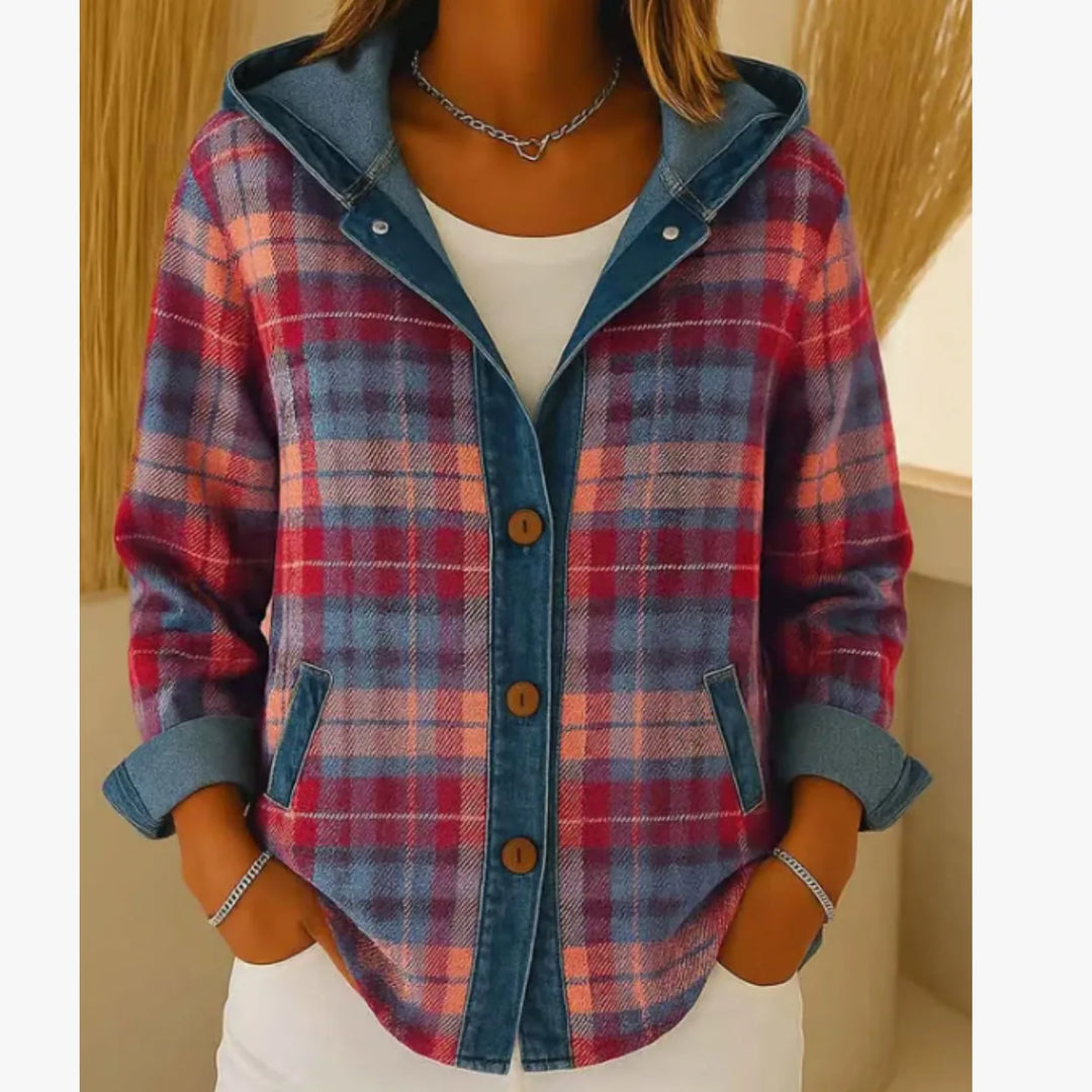 Retro kostkovaný pletený svetr s kapucí a nášivkami