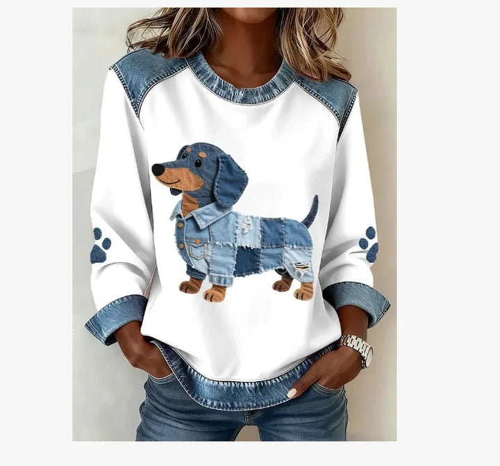 Bluza z okrągłym dekoltem z denimu i kratą