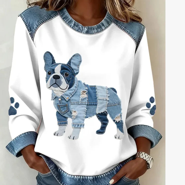 Bluza z okrągłym dekoltem z denimu i kratą