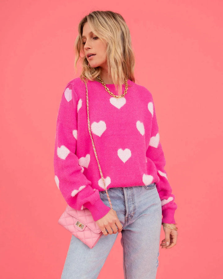 Pull oversize à motif cœur rose vif