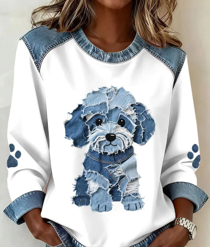 Bluza z okrągłym dekoltem z denimu i kratą