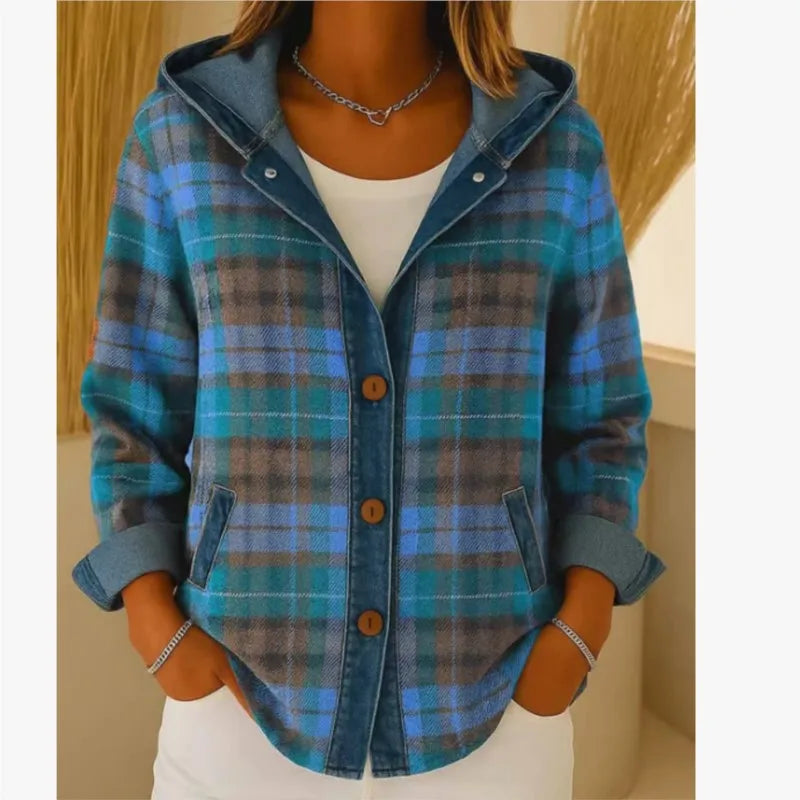 Retro kostkovaný pletený svetr s kapucí a nášivkami