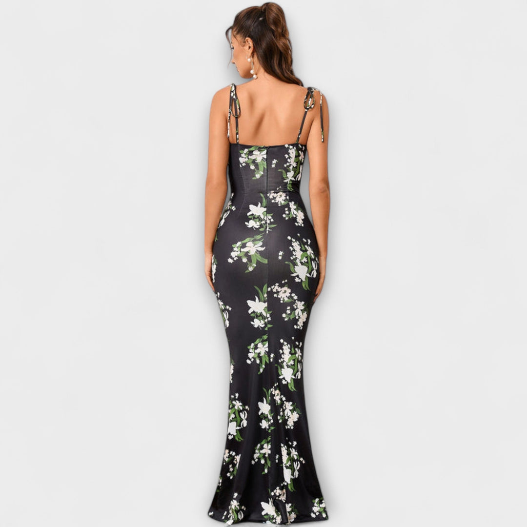 Floral Print Prom Dress with Tied Shoulder Straps